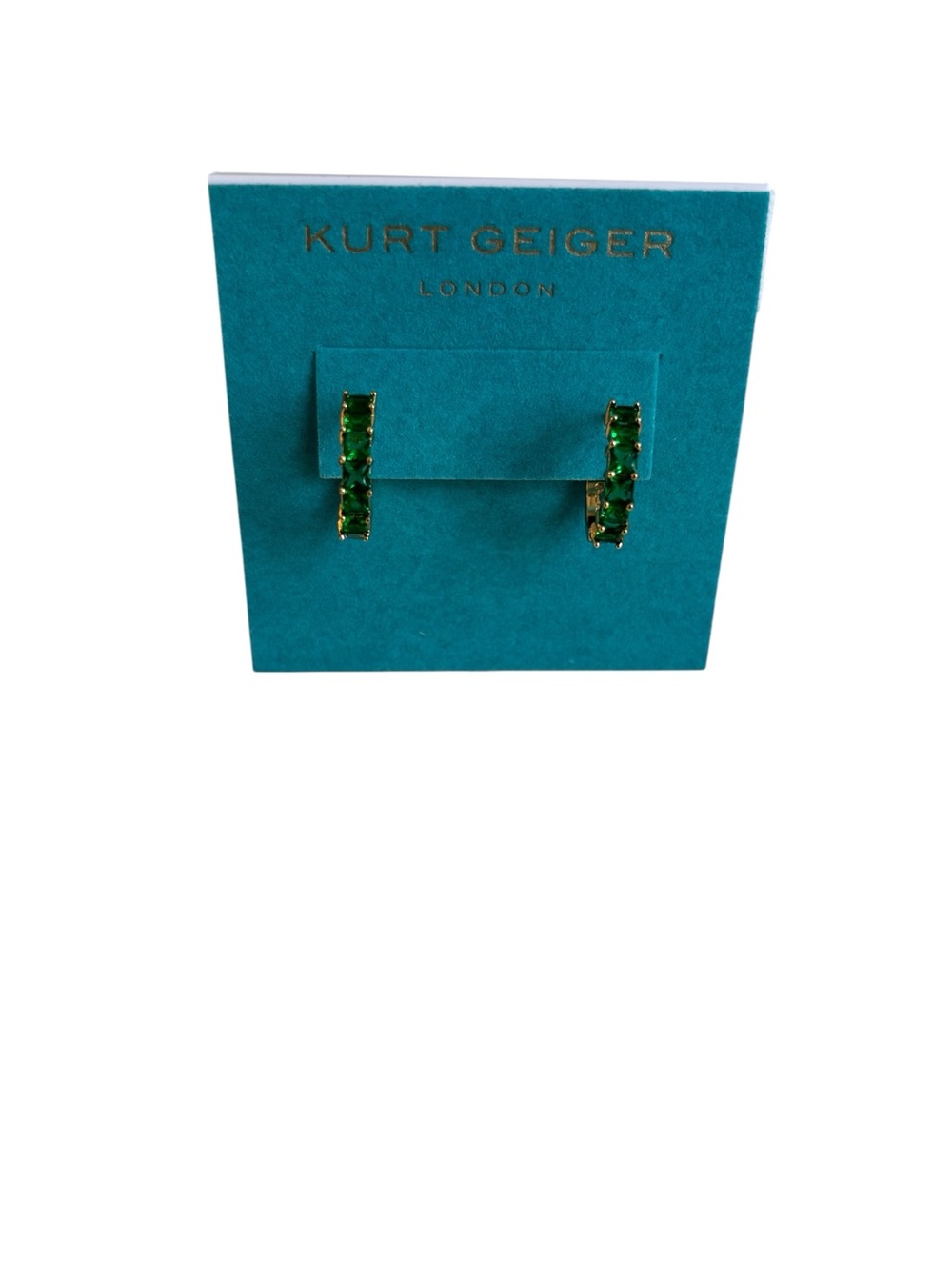 Elegant Kurt Geiger Emerald Green Square Cut Crystal Hoop Earrings.